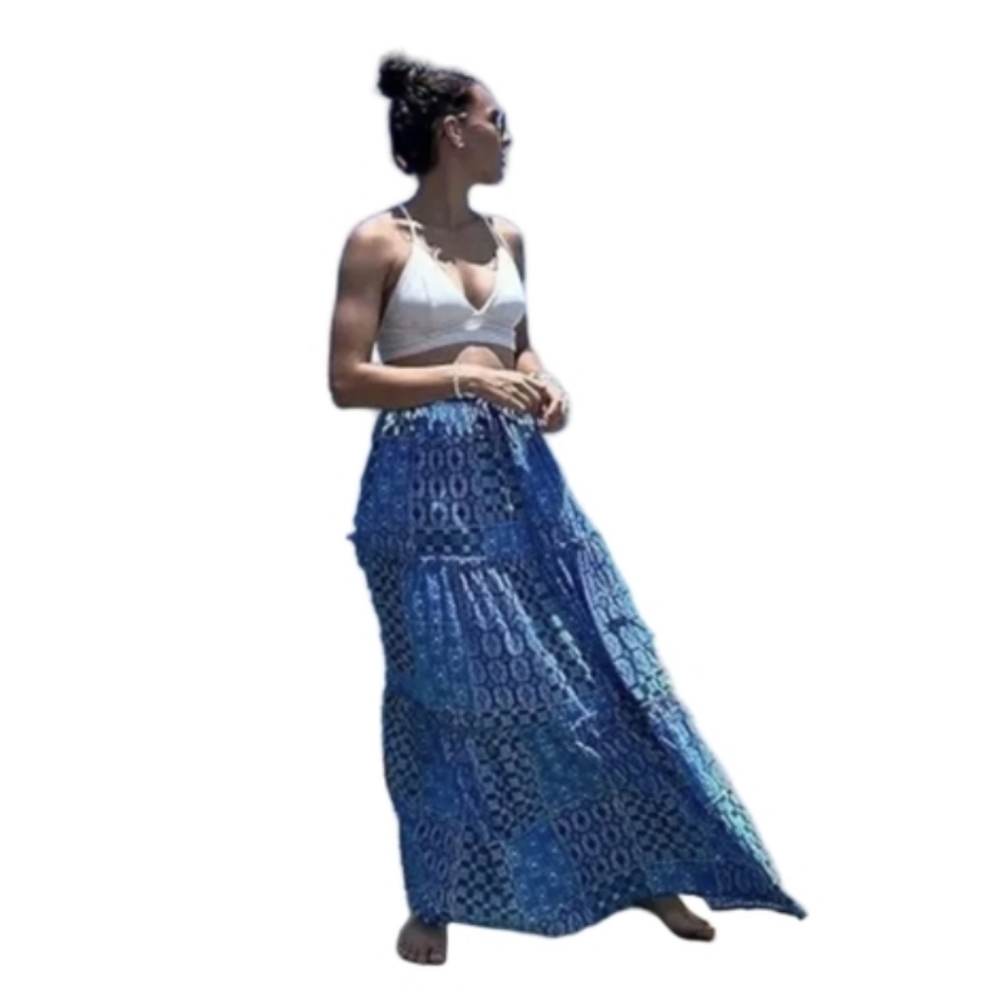 Maxi Skirt Blue 70s Style Patchwork Print Flowy Boho Long Skirts Hippie Skirts - Picture 5 of 9